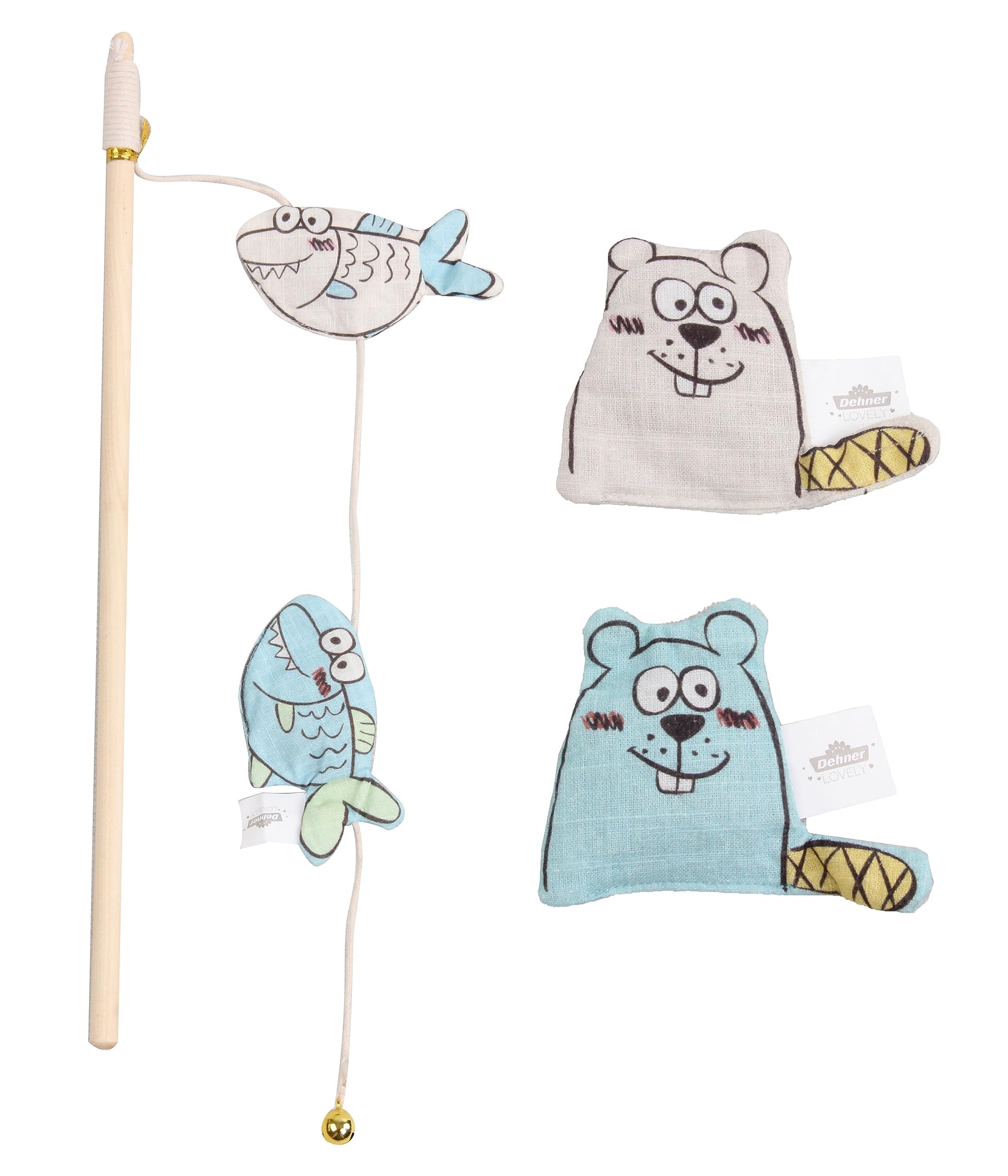 dehner-lovely-katzenspielzeug-set-biber-fisch-angel-bunt image 1