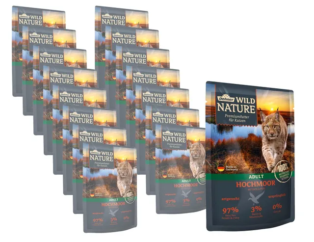 dehner-wild-nature-hochmoor-katzen-nassfutter-ente-pute-16x85g image 1