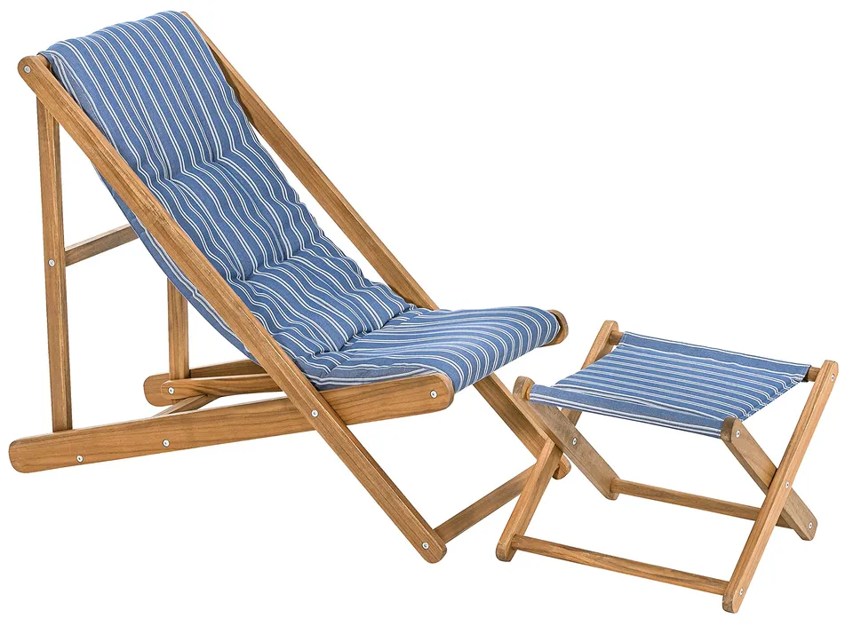 dehner-macao-strandstuhl-mit-hocker-akazienholz-blau-wei image 1
