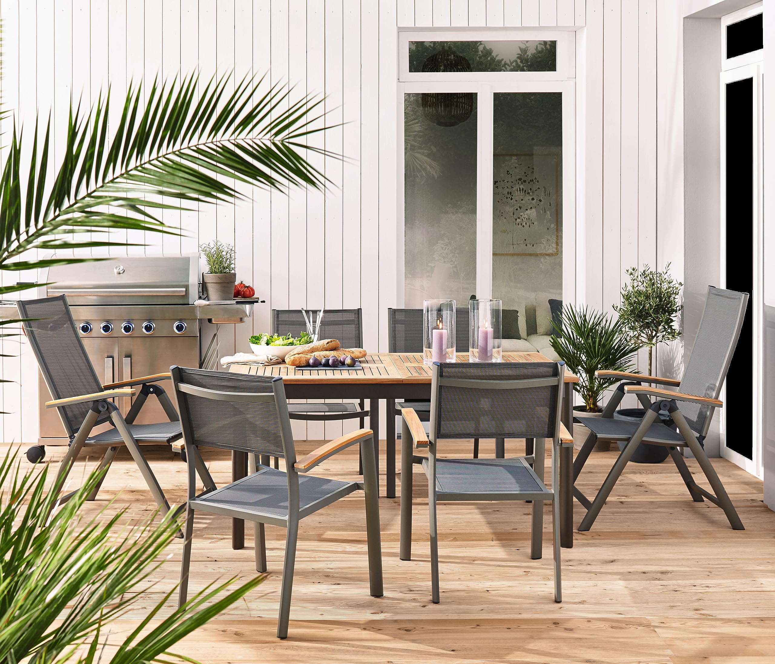 dehner-colmar-klappstuhl-teak-textilene-grau-110x59x73cm image 2