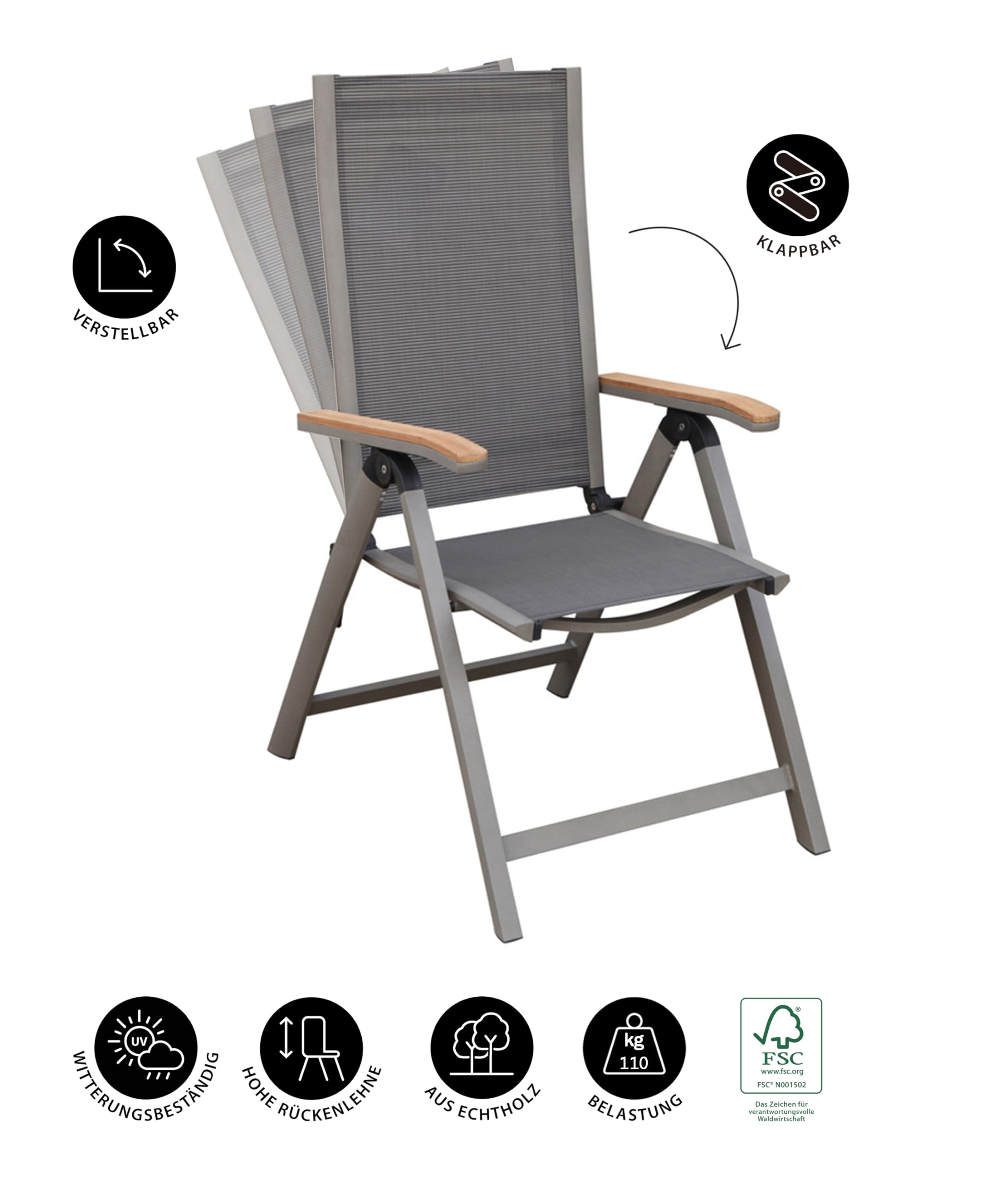 dehner-colmar-klappstuhl-teak-textilene-grau-110x59x73cm image 4